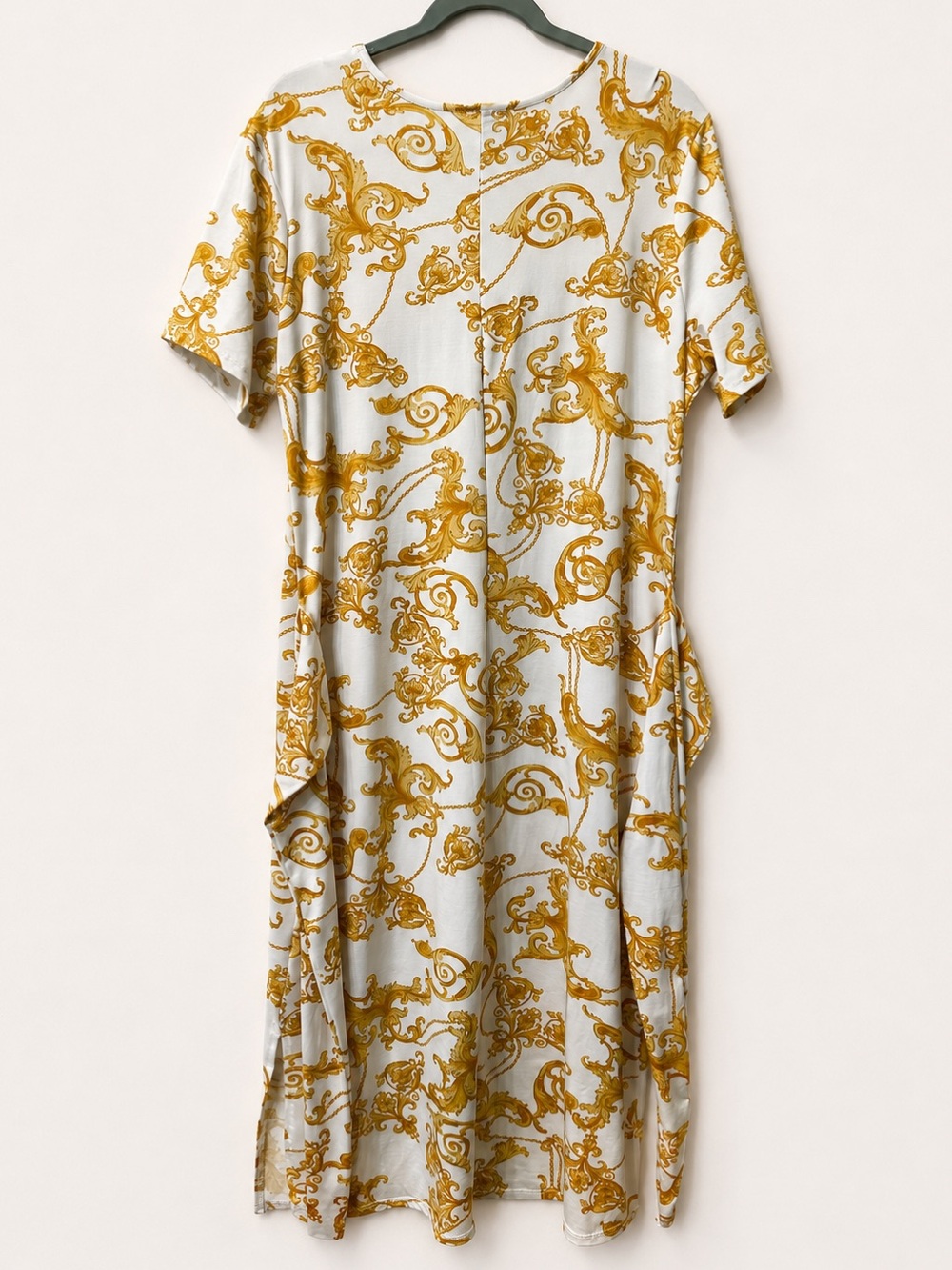 Poof New York Gold Baroque Chain Print Dress Plus Size 2X Short Sleeve Side Slit - Picture 3 of 9